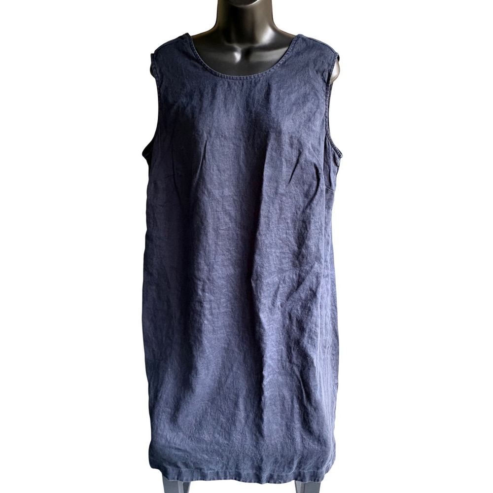 J. Jill Love Linen Navy Blue Sleeveless Shift Dress 1X Plus Size 100% Linen